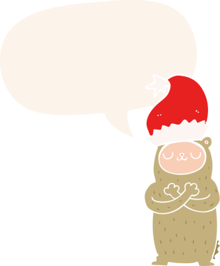 Bir insan tarafından çizilmiş eski moda konuşma baloncuklu Noel şapkası takan çizgi film ayısı.