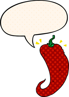 Bir insan tarafından çizilmiş çizgi roman tarzında konuşma balonu olan kırmızı biber çizgi filmi.