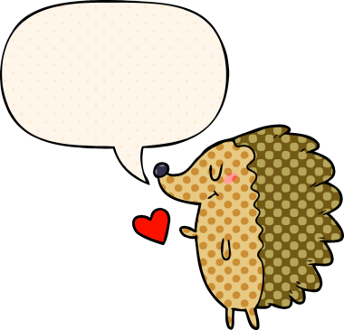 Bir insan tarafından çizilmiş çizgi roman tarzında konuşma balonu olan şirin bir kirpi.