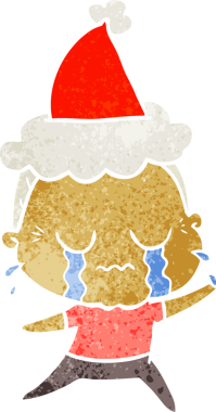 Ağlayan, Noel Baba şapkası takan yaşlı bir kadının insan tarafından çizilmiş el çizimi karikatürü.