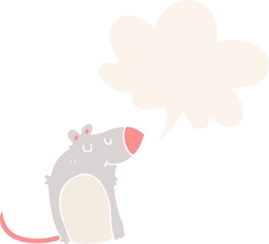 Bir insan tarafından çizilmiş, konuşma baloncuklu şişman fare çizgi filmi.