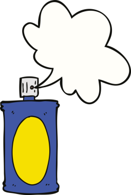 Bir insan tarafından çizilmiş konuşma balonlu sprey kutusu.