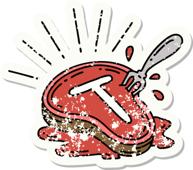 Bir insan tarafından çizilmiş eski bir dövme stili biftek ve çatal.