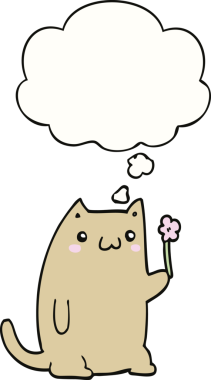 Bir insan tarafından çizilmiş baloncuklu çiçekli şirin çizgi film kedisi.