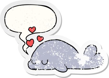 Konuşma baloncuğu olan sevimli çizgi film yunusu bir insan tarafından çizilmiş sıkıntılı eski bir çıkartma