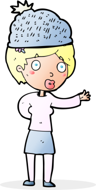 Bir insan tarafından çizilmiş kış şapkası takan karikatür kadın.