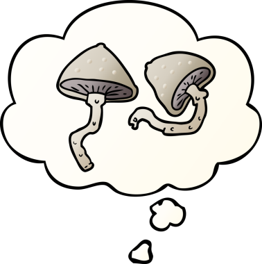 Düşünce baloncuklu karikatür mantarları bir insan tarafından çizilmiş.