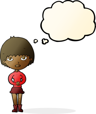 Bir insan tarafından çizilmiş düşünce baloncuğuyla sabırla bekleyen çizgi film kadını.