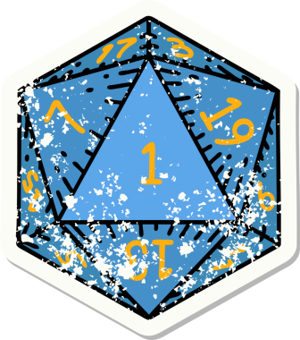 Bir insan tarafından çizilmiş 1 D20 zarının grunge sticker 'ı