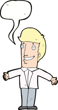 Bir insan tarafından çizilmiş konuşma balonuyla kolları açık sırıtan çizgi film adamı.