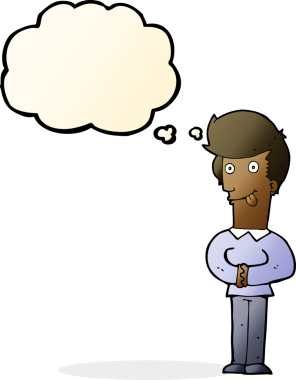 Bir insan tarafından çizilmiş düşünce baloncuğuyla dilini dışarı çıkaran çizgi film adamı.