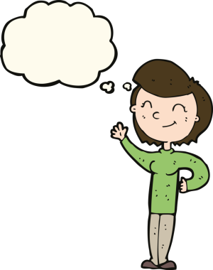 Bir insan tarafından çizilmiş düşünce balonlu, çizgi film dostu el sallayan kadın.