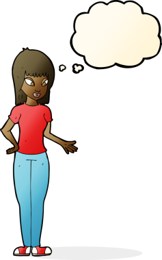 Bir insan tarafından çizilen düşünce baloncuğuyla açıklayan çizgi film kadını.