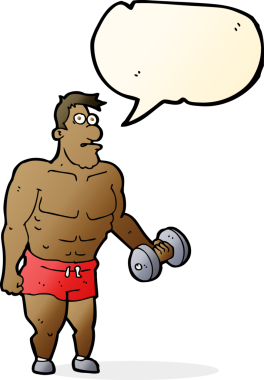 Bir insan tarafından çizilen konuşma baloncuğuyla ağırlık kaldıran çizgi filmci.