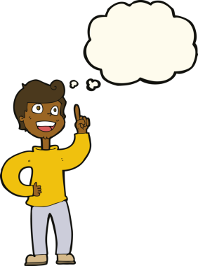 Bir insan tarafından çizilmiş düşünce baloncuğuyla harika bir fikri olan çizgi film çocuğu.