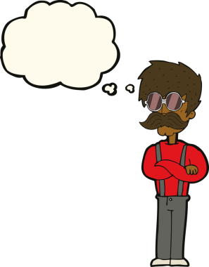 Bıyıklı ve düşünce baloncuklu gözlüklü hippi bir insan tarafından çizilmiş.