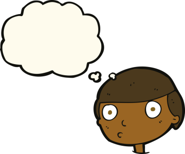 Bir insan tarafından çizilmiş düşünce balonuyla bakan çizgi film çocuğu.