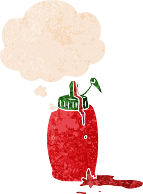 Düşünce baloncuklu ketçap şişesi grunge sıkıntılı retro dokuma tarzı bir insan tarafından çizilmiş