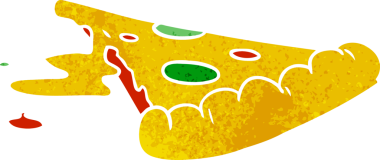 Bir insan tarafından çizilmiş bir dilim pizzanın retro karikatürü.