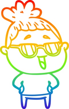 Bir insan tarafından çizilmiş gözlük takan mutlu bir kadının çizgi çizimi.