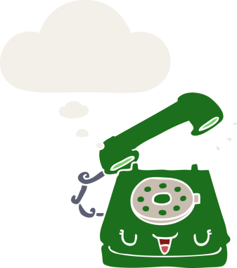 Düşünce baloncuğu olan sevimli çizgi film telefonu insan tarafından çizilmiş.