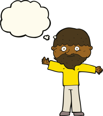 Bir insan tarafından çizilmiş düşünce balonlu sakallı mutlu adam çizgi filmi.