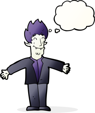 Bir insan tarafından çizilmiş düşünce balonlu mutlu vampir çizgi filmi.