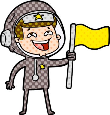 Bir insan tarafından çizilmiş, gülen astronot çizgi filmi.