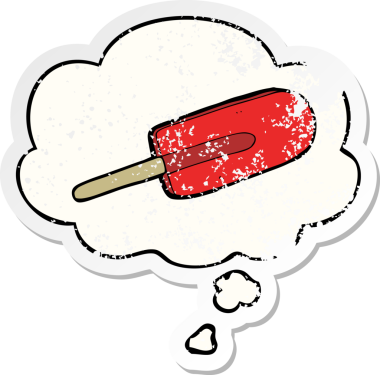 Düşünce baloncuklu karikatür buz lolipopu bir insan tarafından çizilmiş yıpranmış bir çıkartma.