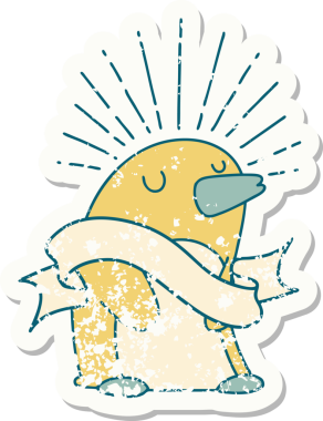 Dövme stili eski bir çıkartma. Bir insan tarafından çizilmiş mutlu penguen.