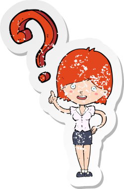 Bir insan tarafından çizilen soruları soran karikatürlü bir kadının gerilimli çıkartması.