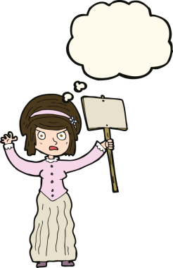 Bir insan tarafından çizilmiş düşünce baloncuğuyla protesto eden vicorian kadın.