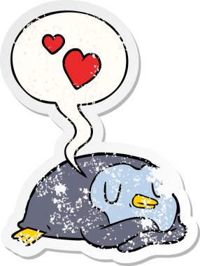 Aşk dolu aşk dolu karikatür penguenleri. Konuşma baloncukları olan. Bir insan tarafından çizilmiş kederli eski bir çıkartma.