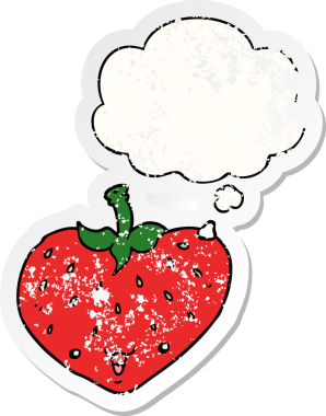 Düşünce baloncuklu karikatür çileği bir insan tarafından çizilmiş yıpranmış bir çıkartma.