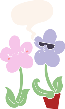 Bir insan tarafından çizilmiş, konuşma baloncuklu sevimli bir karikatür çiçeği.