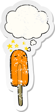 Düşünce baloncuklu karikatür buz lolipopu bir insan tarafından çizilmiş yıpranmış bir çıkartma.