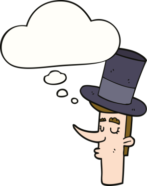 Bir insan tarafından çizilmiş düşünce balonlu silindir şapkalı çizgi film adamı.