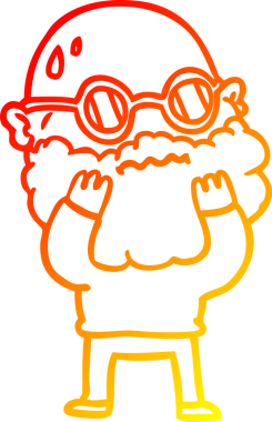 Bir insan tarafından çizilmiş sakallı ve gözlüklü endişeli bir çizgi film karakteri.