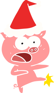 Bir insan tarafından çizilmiş Noel Baba şapkası giymiş bir domuzun bağırışları ve tekmelerinin düz bir çizimi.