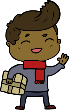 Bir insan tarafından çizilmiş paketle gülen çizgi film adamı.