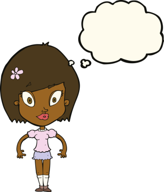 Bir insan tarafından çizilmiş düşünce baloncuğu olan güzel bir kadın.