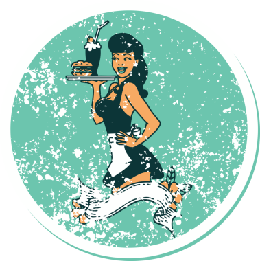 Geleneksel stil dövmeli sıkıntılı bir stil. Pankartı insan tarafından çizilmiş garson kız.