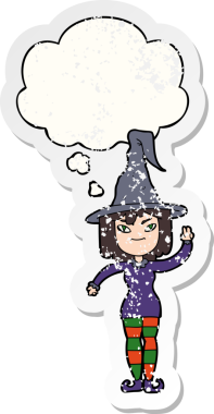 Düşünce baloncuğu olan karikatür cadısı bir insan tarafından çizilmiş yıpranmış bir çıkartma.