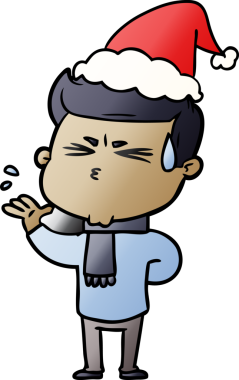 Bir insanın çizdiği Noel Baba şapkasıyla terleyen bir adamın el çizimi karikatürü.