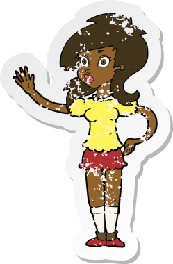 Bir insan tarafından çizilen ilgi için el sallayan bir karikatürün gerilimli retro yapıştırması.