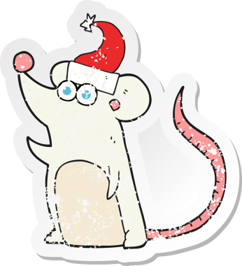 Bir insan tarafından çizilmiş Noel şapkalı çizgi film faresinin gerilimli çıkartması.