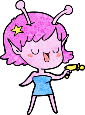 Bir insan tarafından çizilmiş mutlu uzaylı kız çizgi filmi.