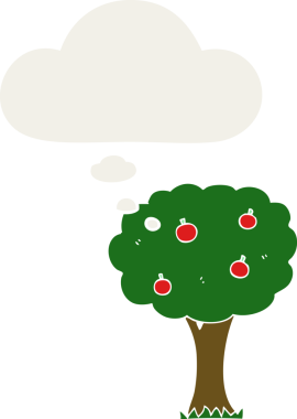 Düşünce baloncuklu çizgi film elma ağacı insan tarafından çizilmiş.