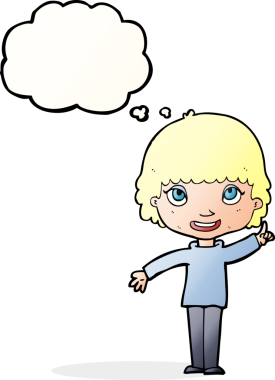 Bir insan tarafından çizilmiş düşünce baloncuğu fikri olan karikatür kadın.