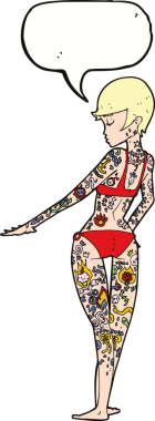 Bir insan tarafından çizilmiş konuşma balonuyla dövmeli bikinili kız.